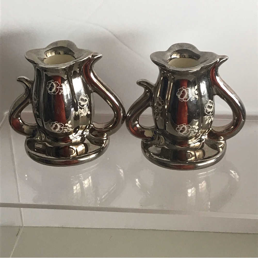 Pearl China Etched Roses Pattern Platinum 22KT Scalloped Rim 2 Candle Holders